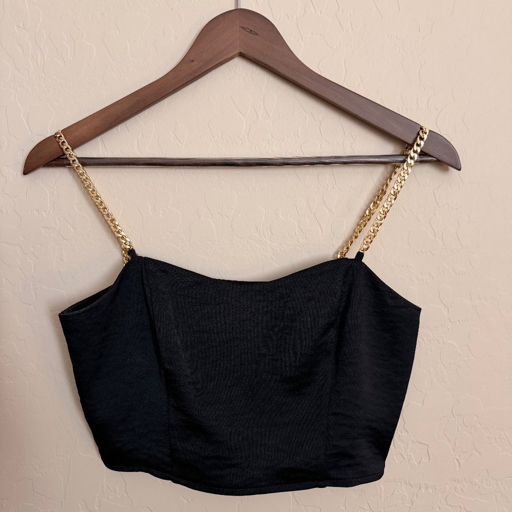 Black Chain Strap Corset-Style Crop Top Express